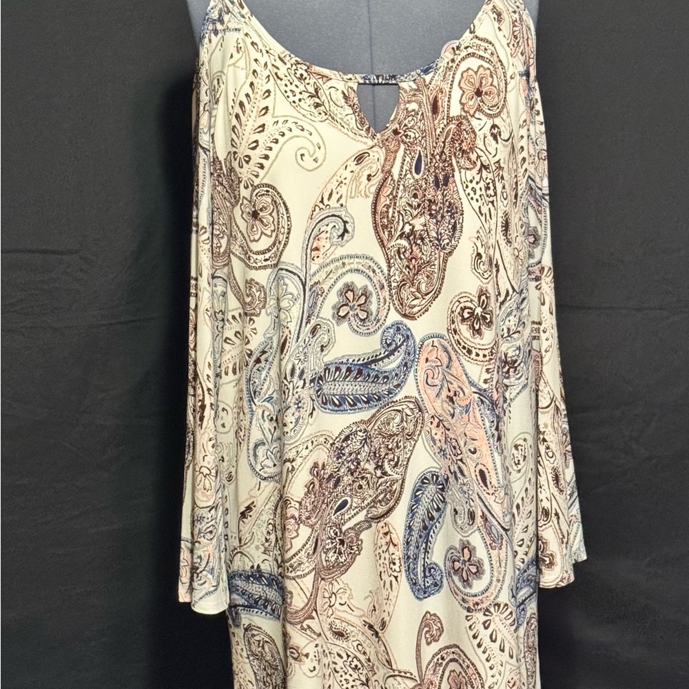 Cato Beige and Navy Paisley cold shoulder dress